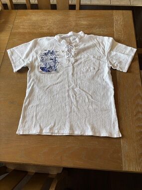 White Short-Sleeve Lace-Up Shirt with Blue Ship Graphic